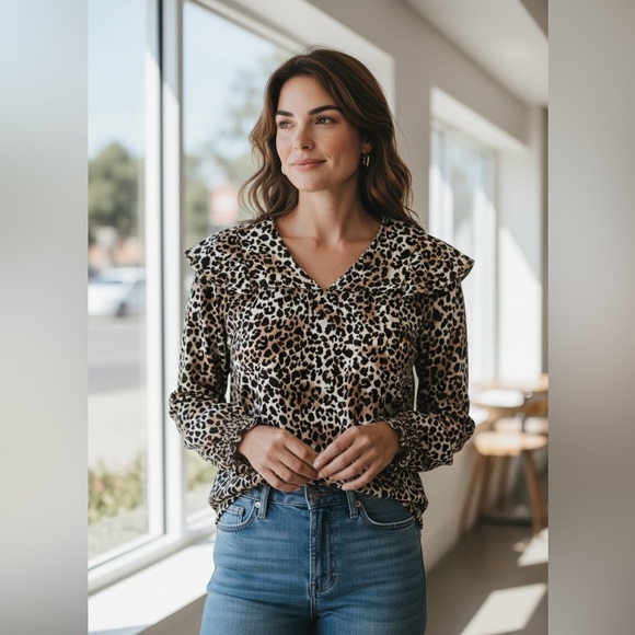 Emily Daniels Tops - Emily Daniels Leopard Print V-Neck Ruffle Blouse - Brown/Black